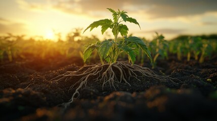 Young tomato plant in rich soil at sunset