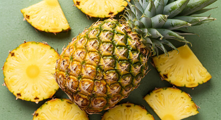 Top View of Fresh Pineapple Fruits and Slices on White Background