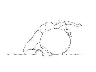 A girl does exercises, gymnastics, Pilates, aerobics lying with her back on a gym ball. continuous single one line art hand drawing sketch logo