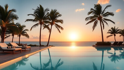 Fototapeta premium Tropical resort infinity pool at sunset, with palm trees and lounge chairs.