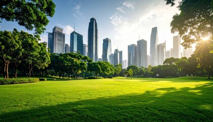 Fototapeta premium Nature park in a metropolitan city, tall skyscraper building skyline
