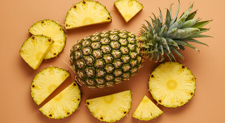 Top View of Fresh Pineapple Fruits and Slices on White Background