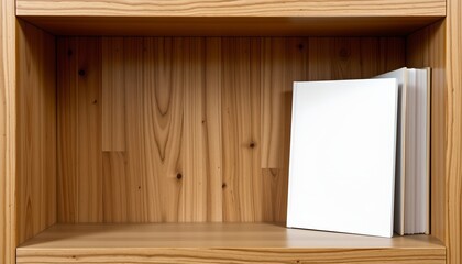 an open wooden shelving unit with several books neatly stacked inside it. one of the books is positioned separately, leaning against a different book, possibly to make room for another item.