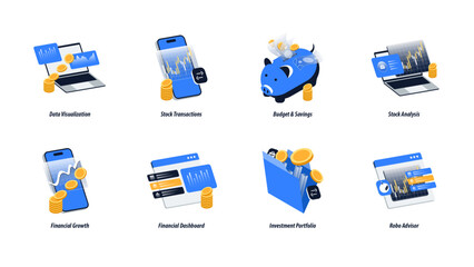 Isometric Financial Technology Icon Set. Stock Transactions, Budget, Savings, Dashboard, Data Visualization, Portfolio, Robo Advisor. Editable Vector for Fintech App, Web, and UI Design.