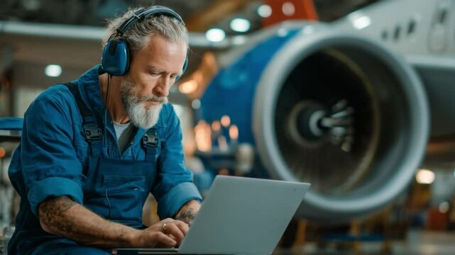 Precision Engineering: A focused engineer meticulously works on a laptop with the intricate mechanics of an aircraft engine as the backdrop, representing the heart of aviation maintenance.