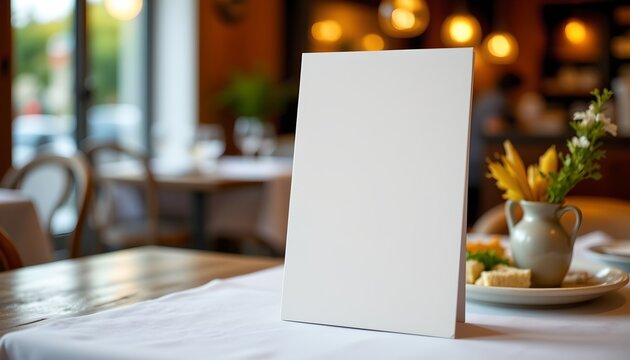 a dining table set in a restaurant. a menu board stands prominently at the center of the table, ready for use
