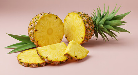 Top View of Fresh Pineapple Fruits and Slices on White Background