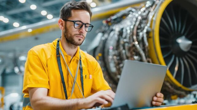 Engineering Precision: A dedicated engineer, immersed in the details, uses a laptop to assess the complex machinery of the jet engine, showcasing the pivotal role of technology in aviation.