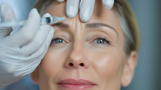 Close-up of a mature woman receiving a cosmetic forehead injection with a fine needle, performed by a professional wearing white medical gloves.