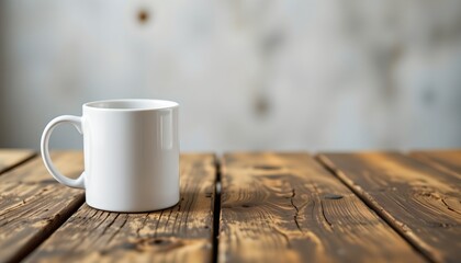 a white coffee mug placed on a wooden table surface that has a weathered texture