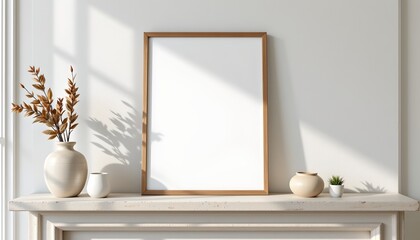 a minimalist interior space featuring a wooden table with a white vase containing flowers and a blank whiteboard leaning against it