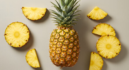 Top View of Fresh Pineapple Fruits and Slices on White Background