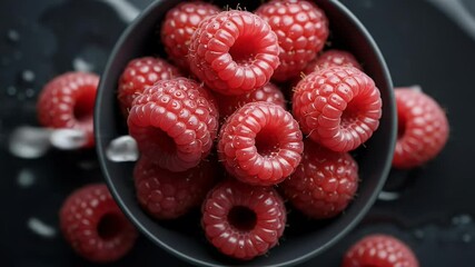 Red raspberries in bowl with water splash overhead close up macro - Powered by Adobe