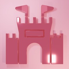 Pink Castle icon isolated on pink background. Minimalism concept. 3D render illustration