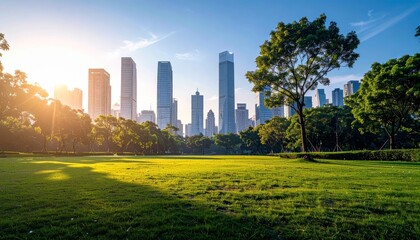 Fototapeta premium Nature park in a metropolitan city, tall skyscraper building skyline