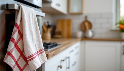 a homely kitchen scene, featuring a pair of white oven mitts hanging by their hooks from an overhead rack, and two kitchen towels, one red with a patterned edge and the other white with a geometric de