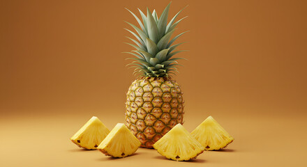 Top View of Fresh Pineapple Fruits and Slices on White Background