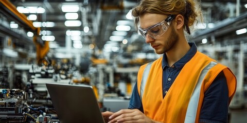 Engineer Inspecting Modern Assembly Line with Laptop in High-Tech Automotive Production Facility
