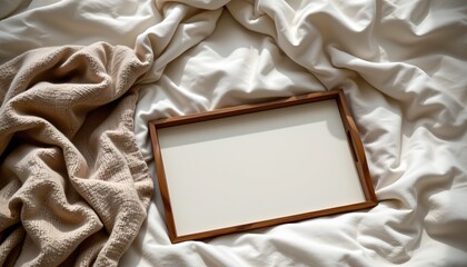 a tranquil setting with a bed covered in soft white sheets. a wooden board rests on the bed, its rectangular shape slightly off center to the left side of the frame