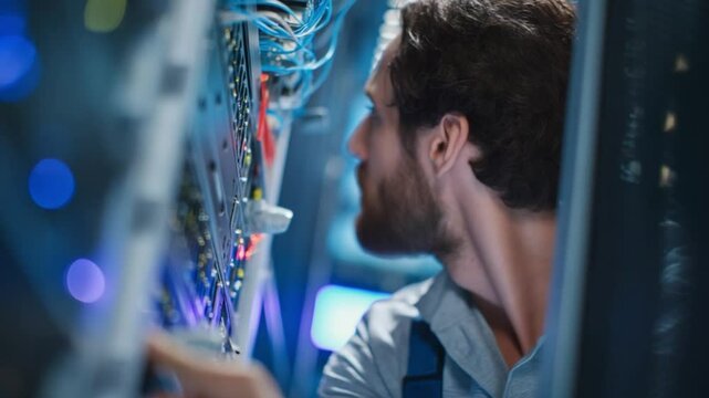 Network Administrator at Work: A dedicated network administrator meticulously examines intricate server components and wiring within a data center. Focused determination, expertise.