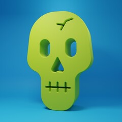 Green Skull icon isolated on blue background. Happy Halloween party. Minimalism concept. 3D render illustration