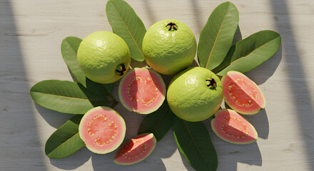 Top View of Fresh Pear Fruits and Slices on White Background