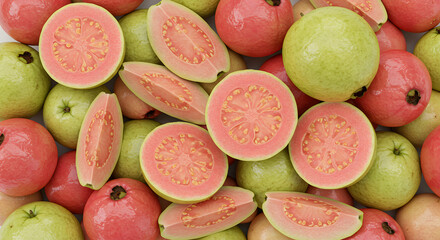 Top View of Fresh Pear Fruits and Slices on White Background