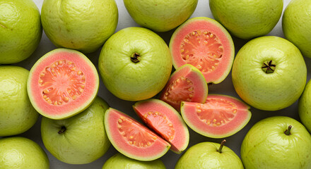 Top View of Fresh Pear Fruits and Slices on White Background
