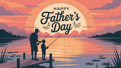 Father and son fishing on pier during sunset with happy fathers day message in peaceful lake scenery
