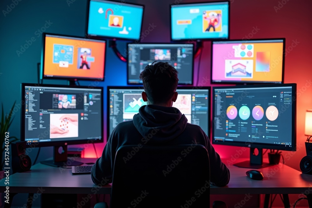 Poster graphic web designer immersed in project with multiple monitors and desktop computer as central focu