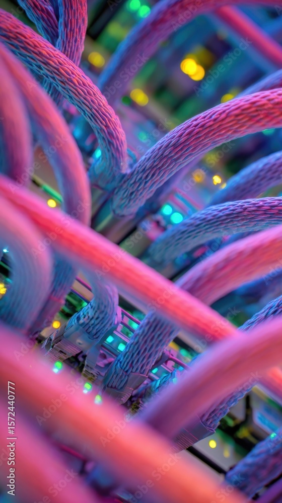 Poster closeup perspective of vibrant network cables connecting highcapacity servers in a data center showc