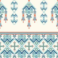 Blue geometric vector seamless ethnic pattern. Aztec style. Boho style. Native ethnic pattern. Ideas for wallpaper, curtains, Mediterranean style, Turkish tiles, and Spanish pottery.