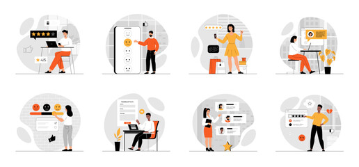 Bundle of Customer Reviews, Feedback Page concepts with people scene in flat cartoon design. Collection work with men and women. People giving review and filling webpage form. Vector illustration