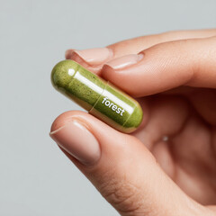 Hand holding a green capsule with forest label