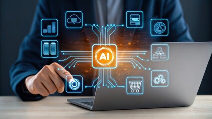 Person interacting with a digital interface showing ai and various business icons