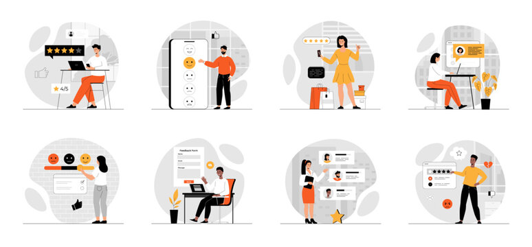 Bundle of Customer Reviews, Feedback Page concepts with people scene in flat cartoon design. Collection work with men and women. People giving review and filling webpage form. Vector illustration