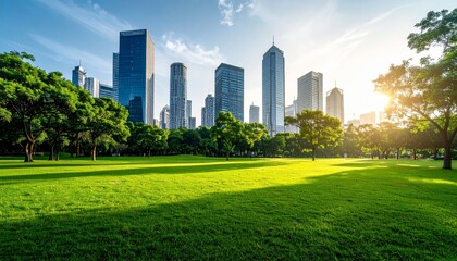 Obraz premium Nature park in a metropolitan city, tall skyscraper building skyline