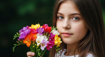 Naklejka premium A beautiful young girl holding a colorful bouquet of freesia flowers