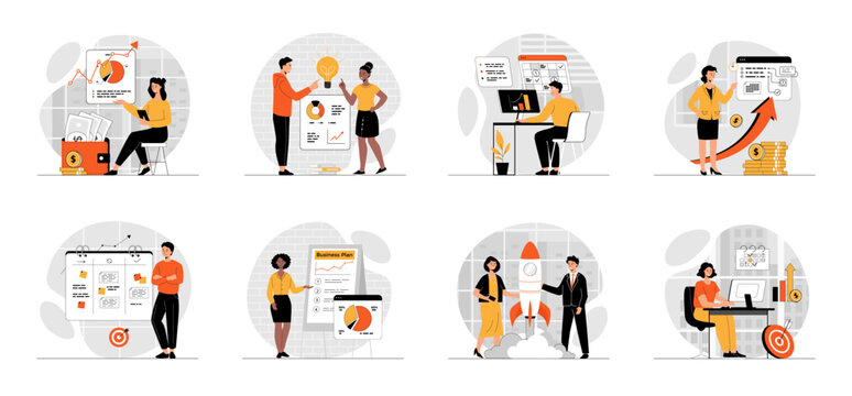 Bundle of Business Planning concepts with people scene in flat cartoon design. Collection work with men and women. Business people makes a business plan and creates goals. Vector illustration