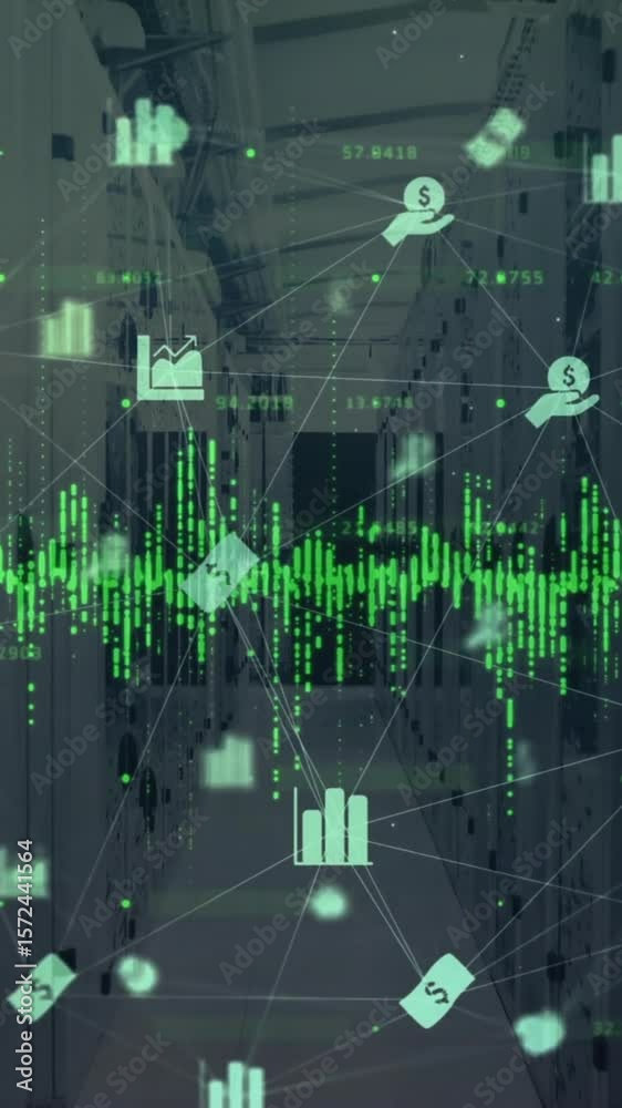 Poster animation of icons and digital data processing over computer servers