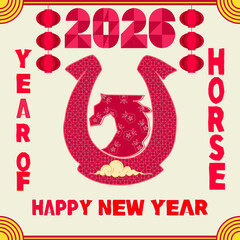Happy New Year 2026 Year of the Horse Lunar New Year Festive Greeting with Horseshoe