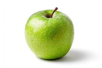 A shiny green apple round and plump stands on a white surface Water droplets glisten on its skin