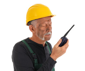 Mature miner man with two-way radio on white background