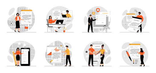 Bundle of Online Agreement, Digital Signature concepts with people scene in flat cartoon design. Collection work with men and women. People signing electronic contract form with e-signature. Vector