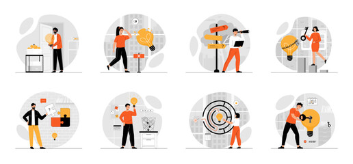 Bundle of Finding Ideas, Solutions concepts with people scene in flat cartoon design. Collection work with men and women. People looking for new business ideas. Vector illustration.