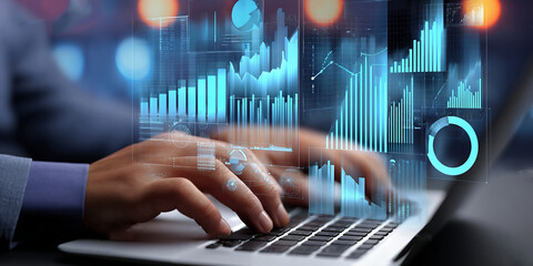 Data analytics and graphs. Analysis of statistical business marketing data. Data scientist using laptop computer to analyze data.