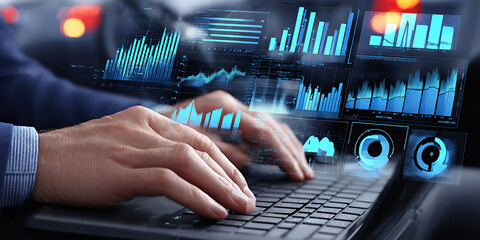 Data analytics and graphs. Analysis of statistical business marketing data. Data scientist using laptop computer to analyze data.
