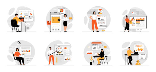Bundle of Digital Business concepts with people scene in flat cartoon design. Collection work with men and women. Business people financial data analysis and planning online. Vector illustration