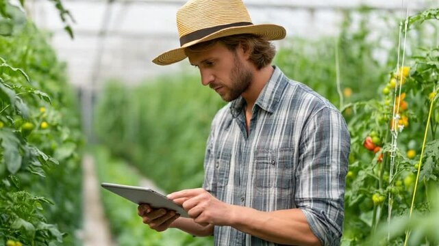 Farmer in Greenhouse: A dedicated farmer, clad in a straw hat, meticulously examines a tablet amidst flourishing rows of tomato plants in a sunlit greenhouse.