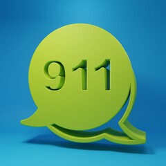 Green Telephone with emergency call 911 icon isolated on blue background. Police, ambulance, fire department, call, phone. Minimalism concept. 3D render illustration